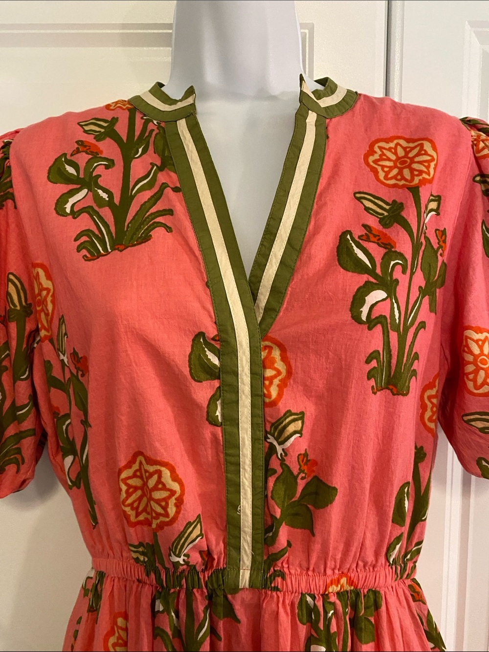 THML Pink Floral Maxi Dress with Olive Trim - Picture 3 of 13